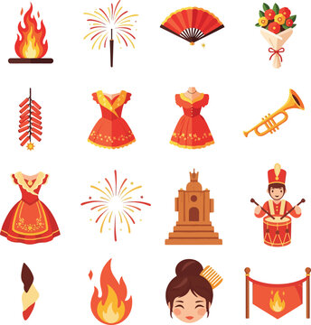 Valencia Las Fallas Festival Icon Set with Traditional Costumes, Fireworks, and Fire Elements