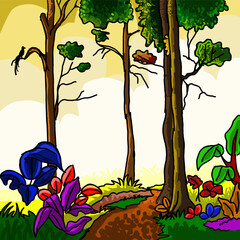 Fototapeta premium Majestic High Forest Trees Vector Illustration - Vibrant Nature Landscape with Intricate Details