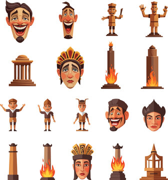 Valencia Las Fallas Ninot Characters and Fire Monuments Vector Icon Set for Spanish Spring Festival