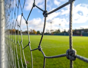 Fototapeta premium Close-up of a soccer goal net on a sunny day