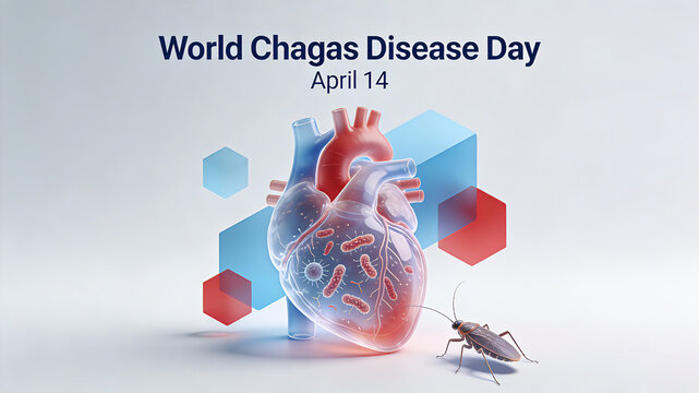 A transparent cardiac pathology model combined with elements of stink bugs and pathogens, showcasing disease awareness, health protection, and the promotion of World Chagas Disease Day.

