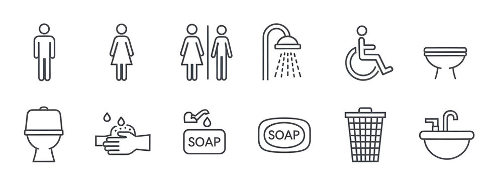 Thin Outline Sanitary Symbol Vector Set, Restroom Icons Collection with Accessible Toilet, Shower, Washbasin and Hygiene Signs on White Background