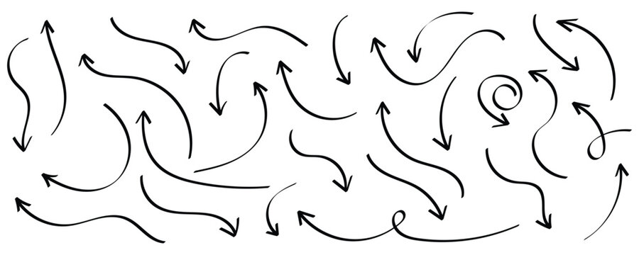 Collection of hand drawn doodle arrow set. Set of brush stroke of curly black doodle arrow collection. Sketch curved arrows design. Various shapes for graphic design and navigation. Eps10