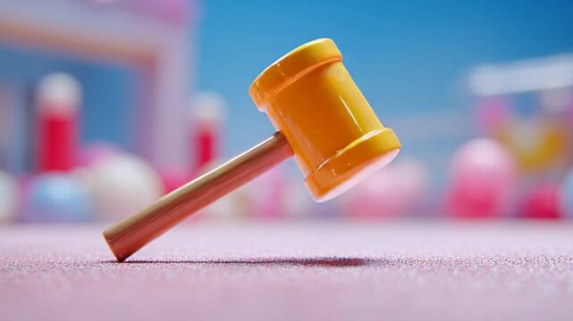 Yellow Auction Gavel on Pink Surface with Blurred Background Objects