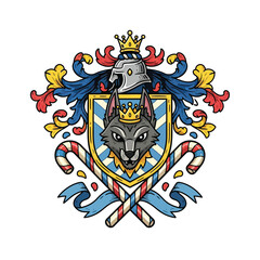 Regal Wolf King Emblem with Crown, Shield, Helmet, and Candy Canes - Modern Heraldry Vector Art