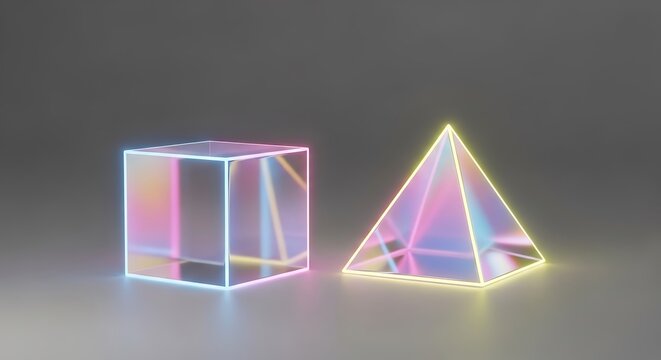 Rendered geometric forms, cube and pyramid, with iridescent light outlines on gray backdrop
