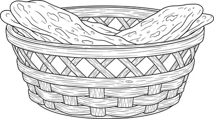 Obraz premium Hand-drawn line art illustration of a rustic woven basket filled with fresh breadsticks perfect for bakery menus restaurant branding or food-related designs