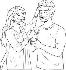 Fototapeta premium Line Art Illustration of a Young Indian Couple Celebrating Holi Festival, Applying Powder Colors on Faces, Traditional Cultural Dhuleti Celebration, Coloring Page Vector Sketch