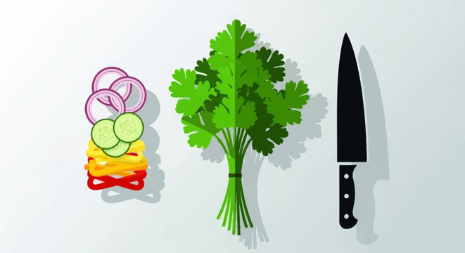 Knife Parsley Vegetable Slices Stacked Illustration.