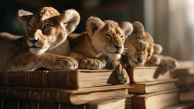 Lion Cubs Resting on Stack of Old Leather Bound Books in a Cozy Environment
