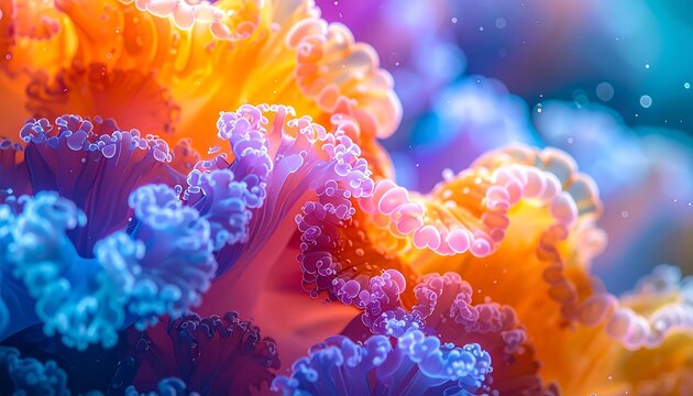 Abstract, colorful, swirling textures evoke dreamlike organic forms with purple, orange, and blue hues, softly blurred