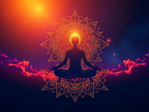Cosmic yogi meditation, celestial body mandala, stardust flow, nebula silhouette, geometric universe, astral alignment vector yoga rgb,  rgb,  vector