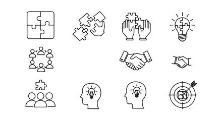Fototapeta premium Teamwork and collaboration outline icon collection. Includes puzzle pieces, handshake, group of people, lightbulb in head, and target symbols. Created in thin line style with black and white