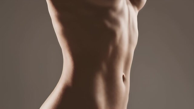 Close-up Profile of a Fit Female Torso with Defined Abdominal Muscles and Sculpted Physique in Soft Studio Lighting