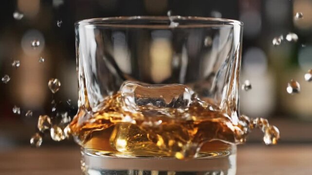 Glass of Whiskey on the Rocks with Splashing Liquid.