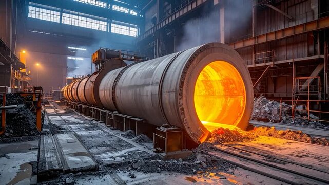 A large industrial kiln is illuminated from within, with molten material spilling out