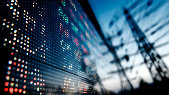 Blurred Digital Display Screen Showing Financial Stock Values Near High Voltage Power Grid Lines
