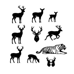 Fototapeta premium Collection of black silhouettes featuring various deer and a tiger, showcasing different poses and forms of wildlife.