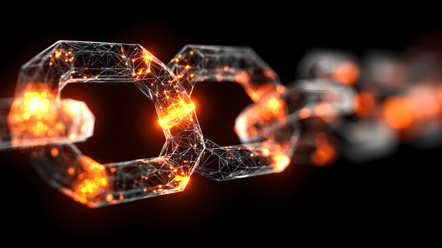 Glowing Orange Blockchain Links Connected in Dark 3D Digital Space
