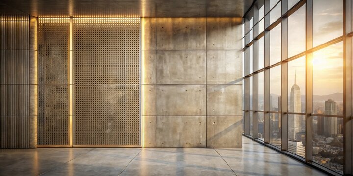 Modern minimalist interior design featuring a wall with a perforated metal panel and concrete texture, bathed in warm sunset light from expansive windows showcasing a cityscape panorama.