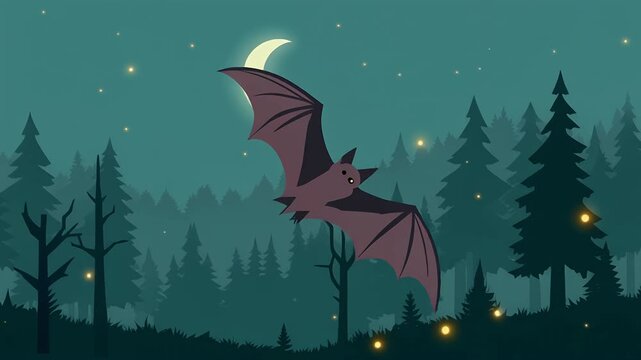 2D vector animation featuring a bat flying over a forest at night under a crescent moon