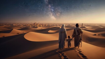 Obraz premium Holy Family, Joseph, Mary, infant Jesus, undertake perilous desert journey, seeking refuge in Egypt under a guiding star, ancient biblical narrative