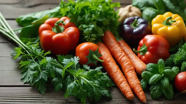 Fresh carrots vegetable tomato bell pepper parsley basil display wooden table with vibrant natural