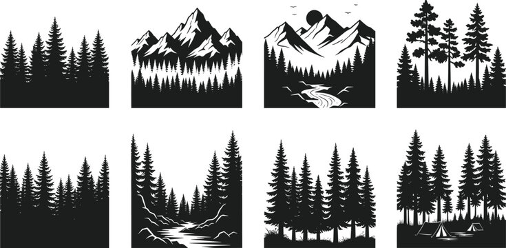 Set of Pine Forest and Mountain Landscape Silhouettes, Evergreen Trees with River and Peak Scenes for Outdoor Nature Graphic Design, Vector