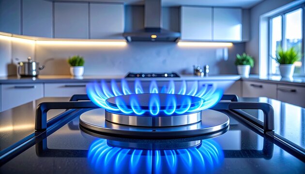Modern kitchen with gas stove and blue flames.