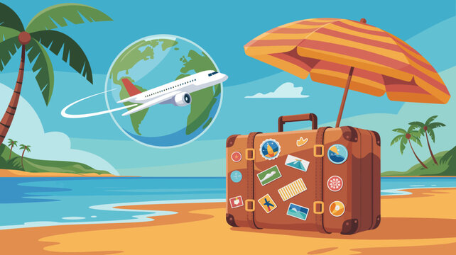 A colorful illustration of a suitcase on a beach with an umbrella and a plane flying around the globe in the background.