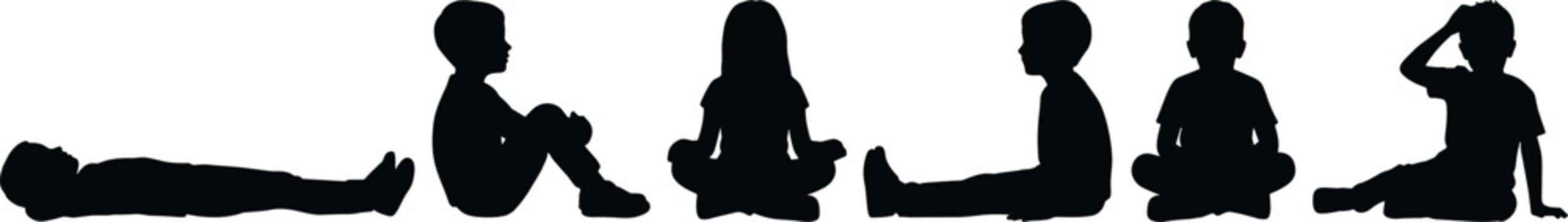 Six black silhouettes of children sitting and lying in various positions on a white background representing growth childhood and physical development.