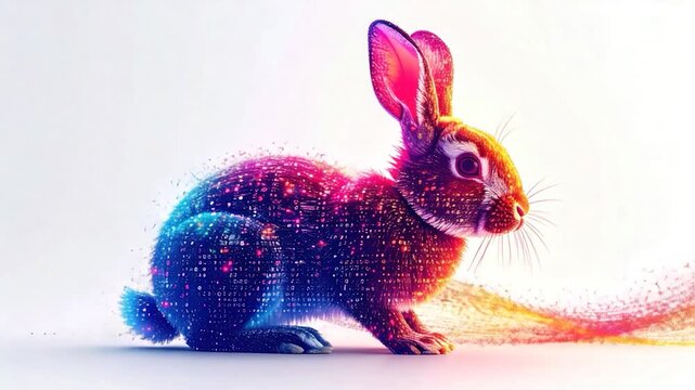 A colorful digital rabbit is dissolving, with binary details