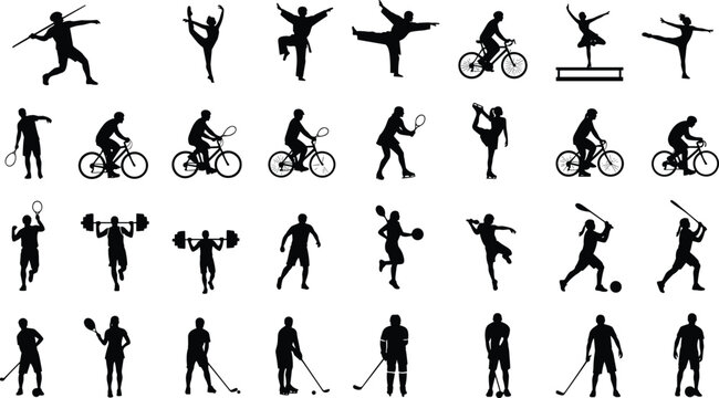 Vector silhouette collection of diverse athletes performing various sports, including cycling, gymnastics, tennis, weightlifting, hockey, baseball, and track and field training.
