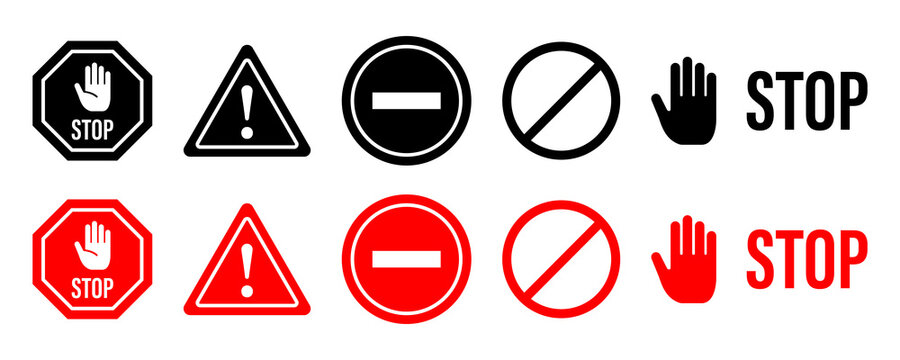 Stop sign icons set warning symbol prohibition sign hand stop gesture vector illustration collection