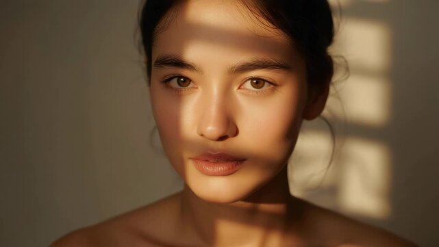 Young woman portrait with warm window light, face shadow pattern and soft warm light ambiance