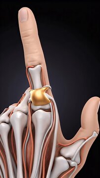 Detailed 3D medical illustration showing the anatomical structure of a human finger joint affected by arthritis and