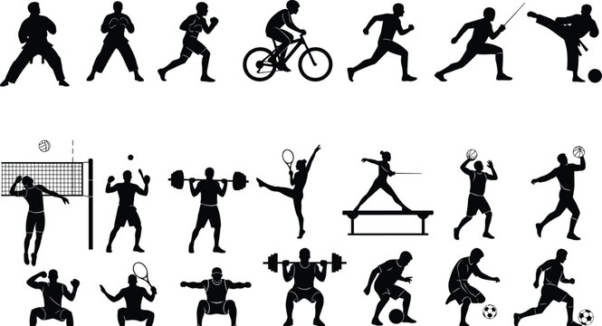 Vector silhouette collection of diverse athletes performing various sports, including cycling, running, karate, weightlifting, tennis, soccer, volleyball, and gymnastics training.