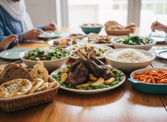 Family gathering sharing roasted turkey feast with fresh salads and bread on wooden table