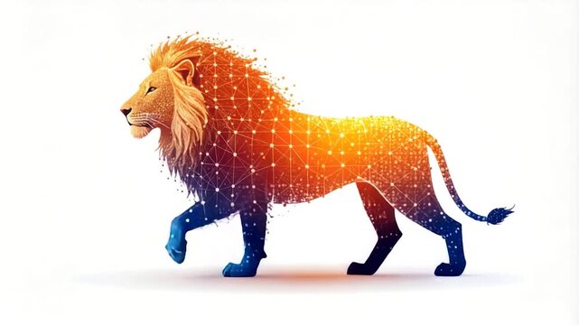 An elegant lion silhouette is formed with interconnected dots and gradient colors