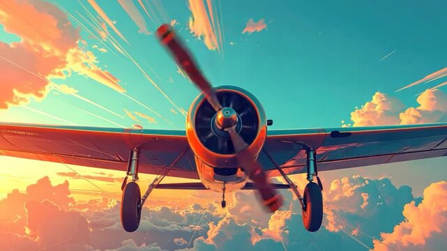 Front view of a vintage plane soaring through a sunset sky