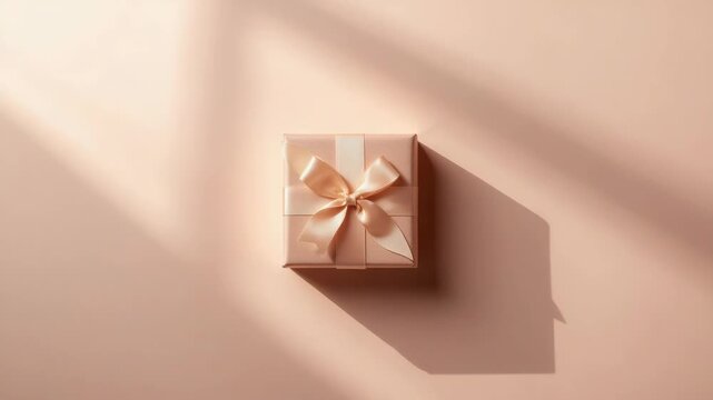 Elegant pink gift box with satin ribbon and bow pastel backdrop casting soft warm shadow