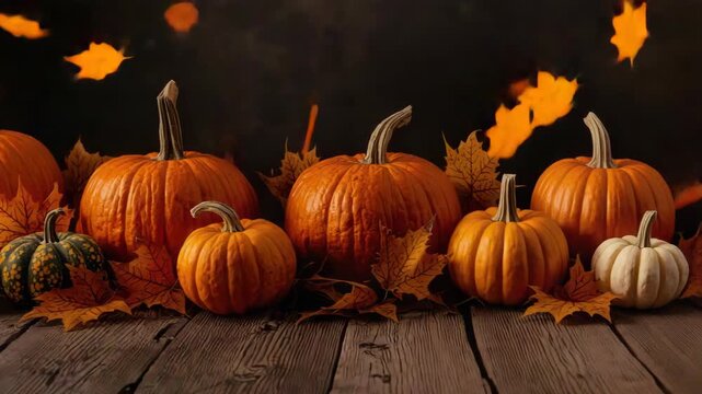 Autumn harvest pumpkins and orange gourds rustic wooden table with falling maple leaf warm cozy mood