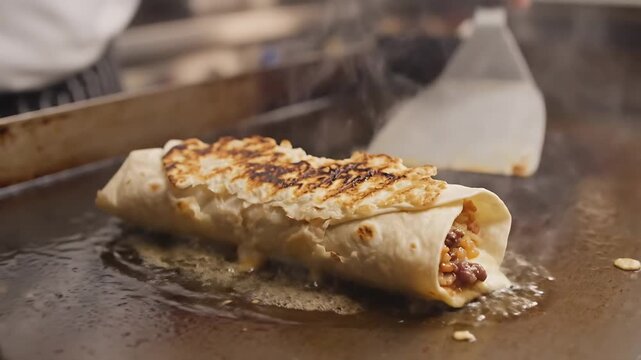 A close-up shot of a delicious burrito being cooked on a hot griddle