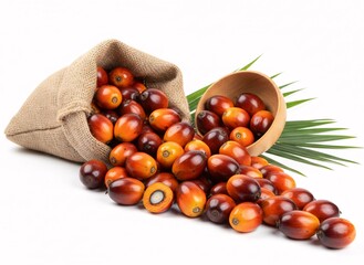 Fresh hazelnuts and walnuts spilling from burlap sack and wooden bowl on white background