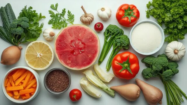 Vibrant fresh produce flatlay with grapefruit tomato broccoli parsley garlic lemon and watermelon