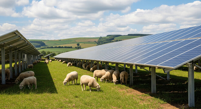 Sustainable Agrivoltaics: Sheep Grazing Beneath Rows of Photovoltaic Solar Panels on a Sunny Farm