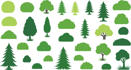 Green Trees and Bushes Collection Featuring Pine Oak Shrubs and Forest Nature Elements Vector Illustration Set © pappa