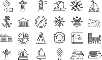 Maritime and Port Industry Line Icons Set Featuring Lighthouse Ship Anchor Compass and Harbor Elements Vector Collection © pappa