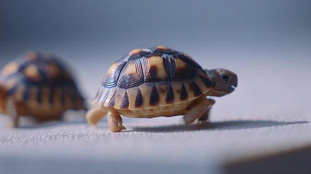 Small Tortoises Moving on a Gray Surface with Shell Patterns Visible