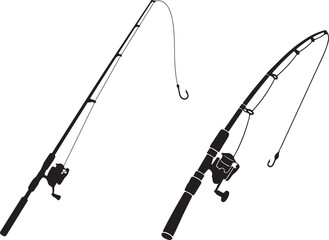 A black silhouette of a fishing rod with a reel line and hook a popular angling tool silhouette high quality professional detailed. Simple black and white illustration of a fishing rod with a hook